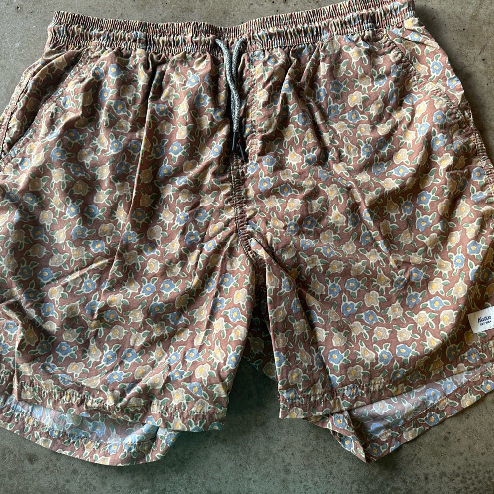 Katin Brown and Cream Swim Trunks with Floral Design